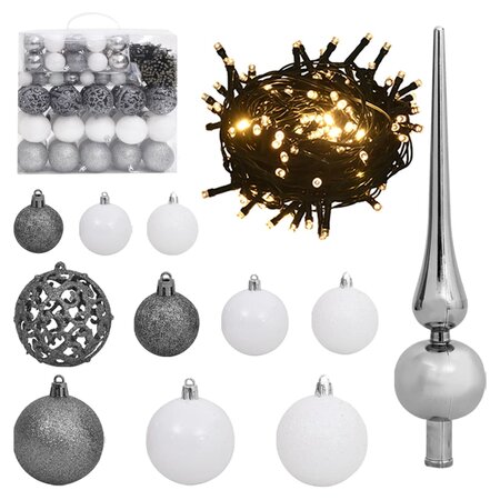 vidaXL Set de boules de Noël avec pic et 300 LED 120Pièces Blanc et gris