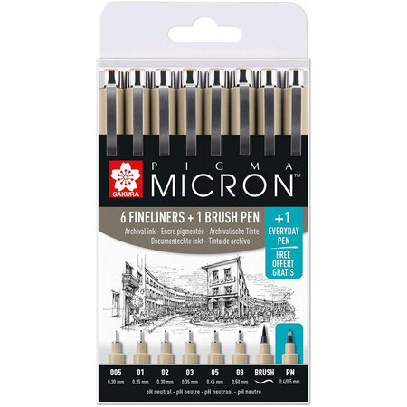 Etui de 6 feutres pigma micron noir + 1 feutre brush sakura