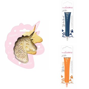 Kit pour biscuit en relief Licorne + 2 Stylos au chocolat bleu nuit et orange