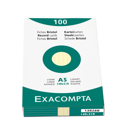 Étui de 100 fiches bristol ligné non perforé 148x210mm Jaune EXACOMPTA