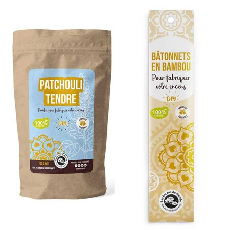DIY encens - 100 Bâtonnets nus en bambou + Poudre Patchouli Tendre