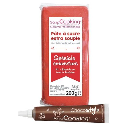 Pâte à sucre de couverture rouge 200 g + stylo chocolat