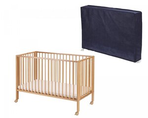 Lit pliable bois naturel avec matelas et housse de protection bleue