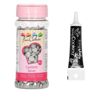 Décors sucrés confettis argentés 60 g + Stylo glaçage noir
