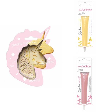 Kit pour biscuit en relief Licorne + 2 Stylos au chocolat jaune pastel et rose pastel