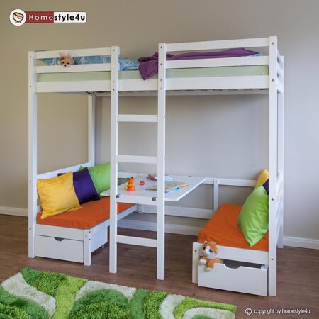Lit enfant mezzanine superposé blanc 90x200 pin massif bureau avec coussins oranges
