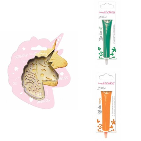 Kit pour biscuit en relief Licorne + 2 Stylos au chocolat vert et orange