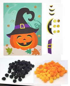Tableau en pompons pour enfant Halloween Citrouille 15 x 21 cm