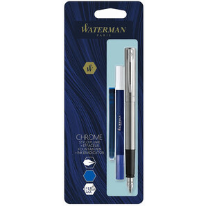 Waterman graduate allure stylo plume  chrome  plume fine  cartouche encre bleue  effaceur-réécriveur  blister