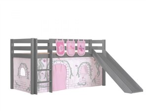 Lit Enfant Surélevé Avec Toboggan Pino 90x200cm Gris + Rideau de lit et 3 pochettes Birdy