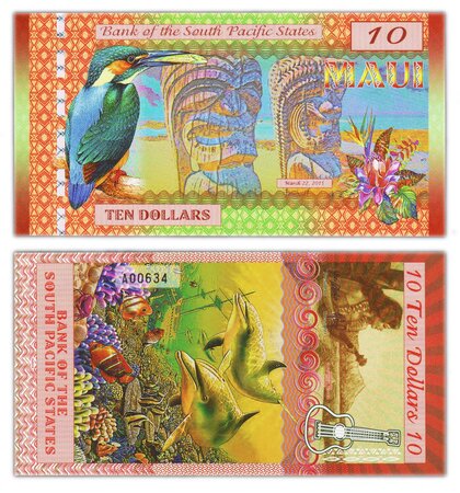 Billet de collection  10 dollars 2015 maui / bank of south pacific states - neuf - billet fantaisie - not legal tender - n°a00634