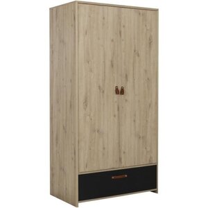 GAMI Armoire enfant - 2 portes et 1 tiroir - Décor Chene artisan et noir - l102 x H200 x P60 cm - CHATEL