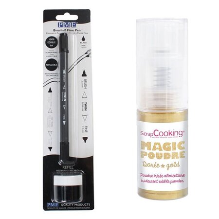 Stylo encre comestible noir avec recharge + poudre irisée dorée