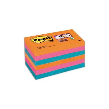 Lot 12 blocs repositionnables sticky petitllantes 51x51mm orange néon/rose néon/bleu ... Post-it