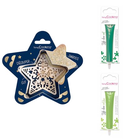 Kit pour biscuit en relief Étoile + 2 Stylos au chocolat vert et vert clair