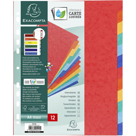 Intercalaires a4 + - 12 positions - carte lustrée 225g - exacompta