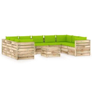 vidaXL Salon de jardin 10 Pièces avec coussins Bois imprégné de vert
