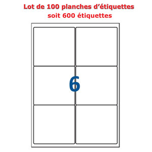 Lot de 100 planches étiquettes autocollantes sur feuille a4 : 99,1 x 93,1 mm (6 étiquettes par feuille)