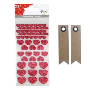 Stickers Cœurs à paillettes x 174 rose + 20 étiquettes kraft Fanion