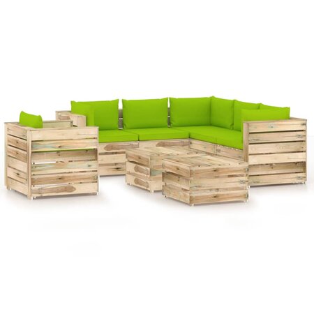 vidaXL Salon de jardin 8 Pièces avec coussins Bois imprégné de vert