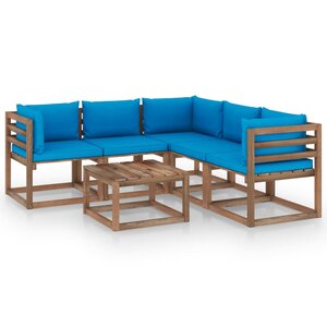 vidaXL Salon de jardin 6 Pièces avec coussins bleu clair Pin imprégné