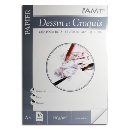 Bloc dessin et croquis - a3 - 30 feuilles - 150g/m2- amt