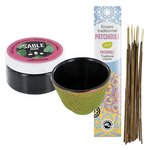 Porte-encens coupelle en fonte verte + sable noir + Encens indien au Patchouli