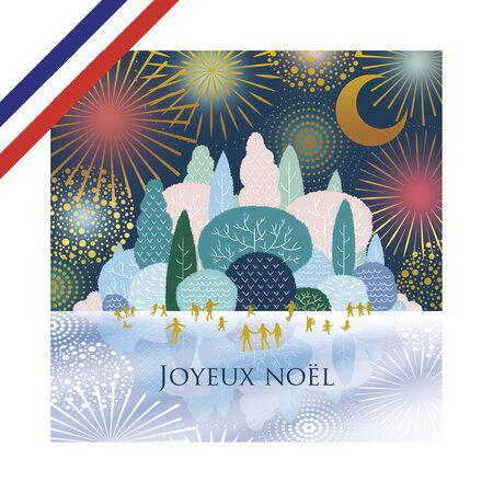 Carte simple joyeux noël forêt et feu d'artifice