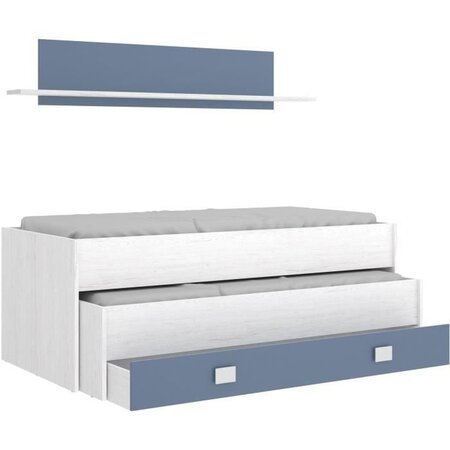Lit gigogne enfant 2 x 90 x 190 cm avec tiroir de rangement + 1 étagère - chêne blanc/bleu