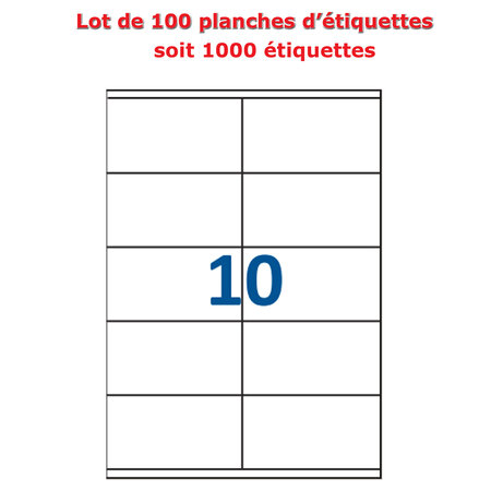Lot de 100 planches étiquettes autocollantes blanches sur feuille a4 : 105 x 57 mm (10 étiquettes par feuille  spéciales bons de transport)