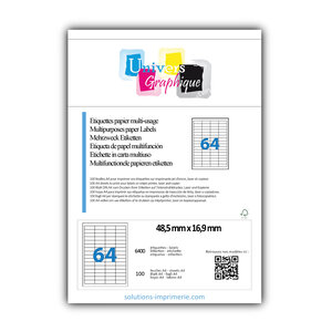 Lot de 100 planches a4 de 64 étiquettes à bords vifs 48,5 x 16,9 mm en papier blanc 70g/m² multifonction