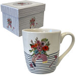 Tasse en céramique blanche rayée flamand rose en coffret cadeau