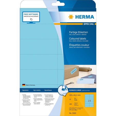 Étiquettes superprint, 105 x 42,3 mm, sans bord, bleu, 20 feuilles a4 herma