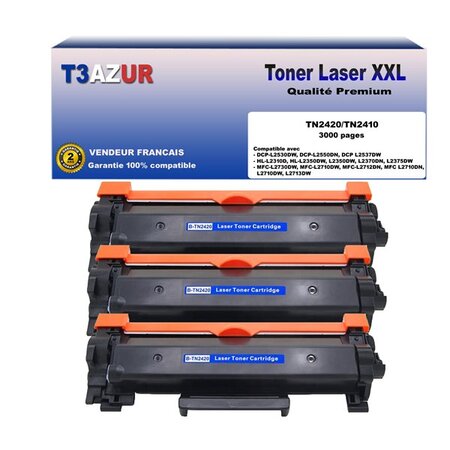 3 toners compatibles avec brother tn2420 pour brother dcp-l2510d  l2512d  l2550dn  l2530dw  l2537dw - 3 000 pages - t3azur