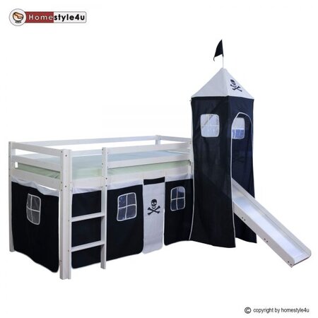 Lit Simple Blanc 90x200 en hauteur avec echelle rideau et tour Pirate et toboggan