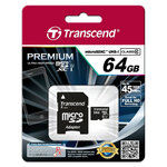Carte mémoire Micro Secure Digital (micro SD) Transcend 64Go SDXC class 10 Premium + adapt