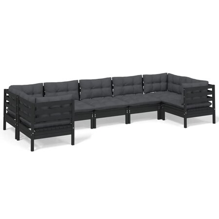 vidaXL Salon de jardin 7 Pièces avec coussins Noir Bois de pin