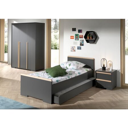 LONDON Anthracite Lit + Chevet 2 tiroirs + Armoire 3 portes + Lit gigogne