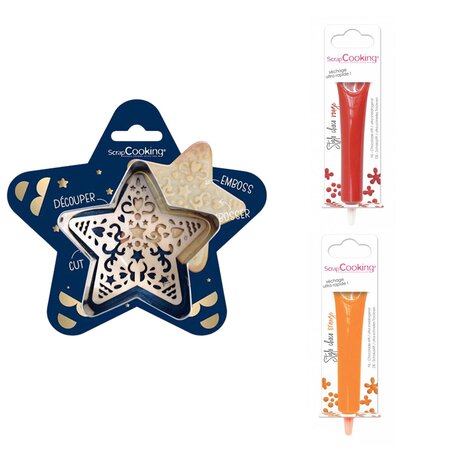 Kit pour biscuit en relief Étoile + 2 Stylos au chocolat rouge et orange