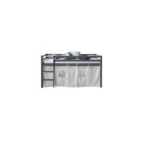 Lit mezzanine 90 x 200 cm gris pour enfants avec echelle et rideaux en tissu