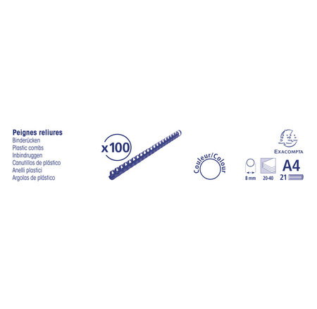 Boite 100 Reliures Spirales Plastique 8mm - Exacompta