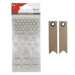 174 stickers coeurs à paillettes argenté-blanc-rouge + 20 étiquettes kraft Fanion