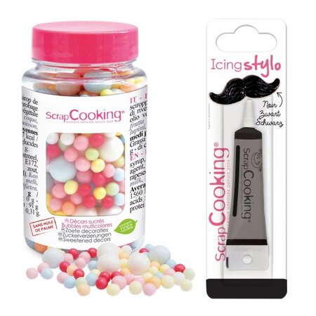 Décors sucrés boules multicolores 70 g + Stylo de glaçage noir