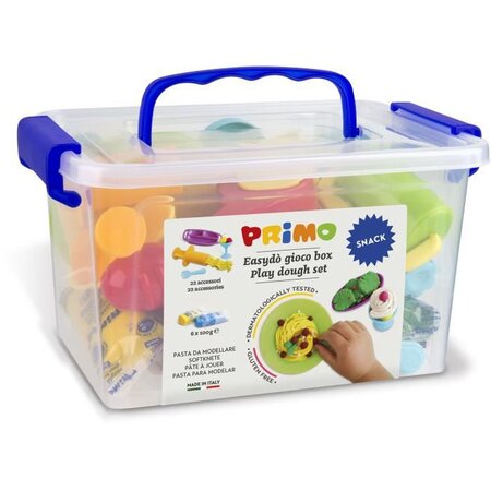 PRIMO 288BARGF Kit de pâte a modeler et a jouer sans gluten, mallette contenant 6 bâtonnets et 16 accessoires snack bar.