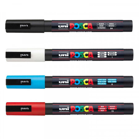 Lot de 4 marqueurs posca pc-3m noir - blanc - bleu - rouge pointe fine conique