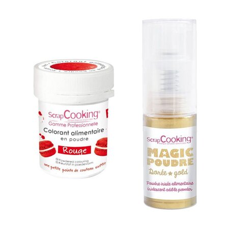 Colorant alimentaire Rouge + Poudre alimentaire irisée dorée