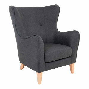 Fauteuil en velours gris foncé avec pieds en bois naturel