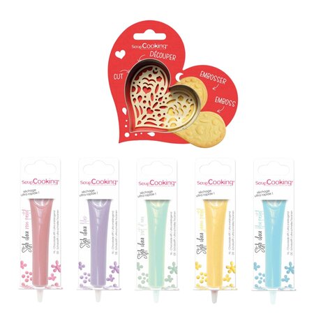 Kit pour biscuits en relief Coeur + 5 stylos choco pastel