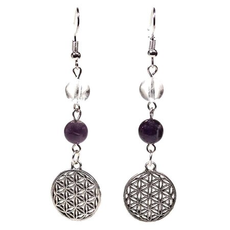 Boucles d'oreilles fleur de vie améthyste et cristal de roche