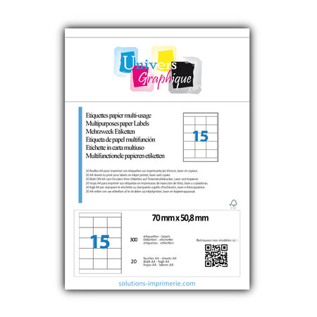 Lot de 20 planches a4 de 15 étiquettes à bords vifs 70 x 50,8 mm en papier blanc 70g/m² multifonction